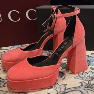 Gianni Bini Coral Suede Platform Block Heels with Ankle Strap